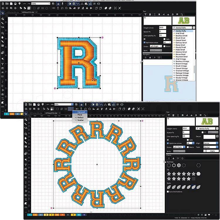 Digitalisier-Software mit gepuffter Stickbuchstabe R und kreisförmiger Buchstaben-Anordnung